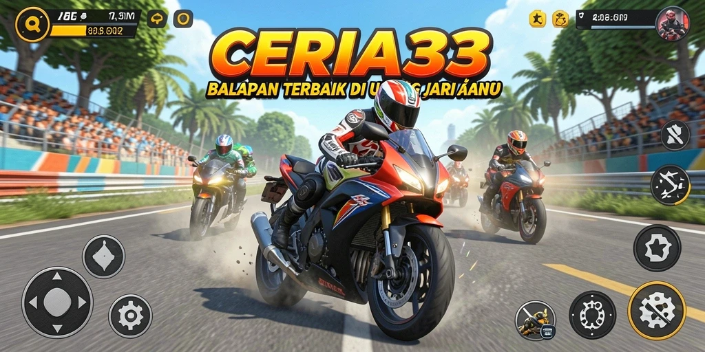 Tampilan gameplay CERIA33 dengan aksi balapan motor yang seru.
