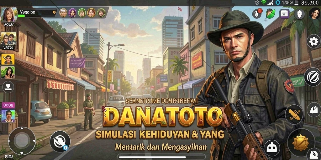 Screenshot utama DANATOTO menunjukkan karakter dalam aksi simulasi kehidupan yang dinamis.