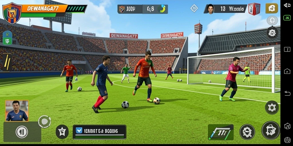 Screenshot gameplay DEWANAGA77 dengan aksi sepak bola yang seru.