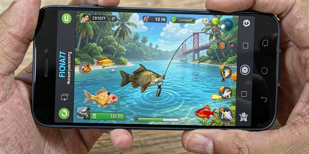 Screenshot FIONA77 menampilkan pemain sedang memancing di lokasi yang indah.