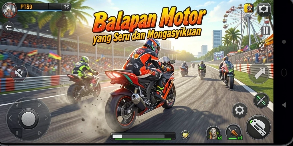 Screenshot menunjukkan gameplay balapan motor yang mendebarkan di PT89.