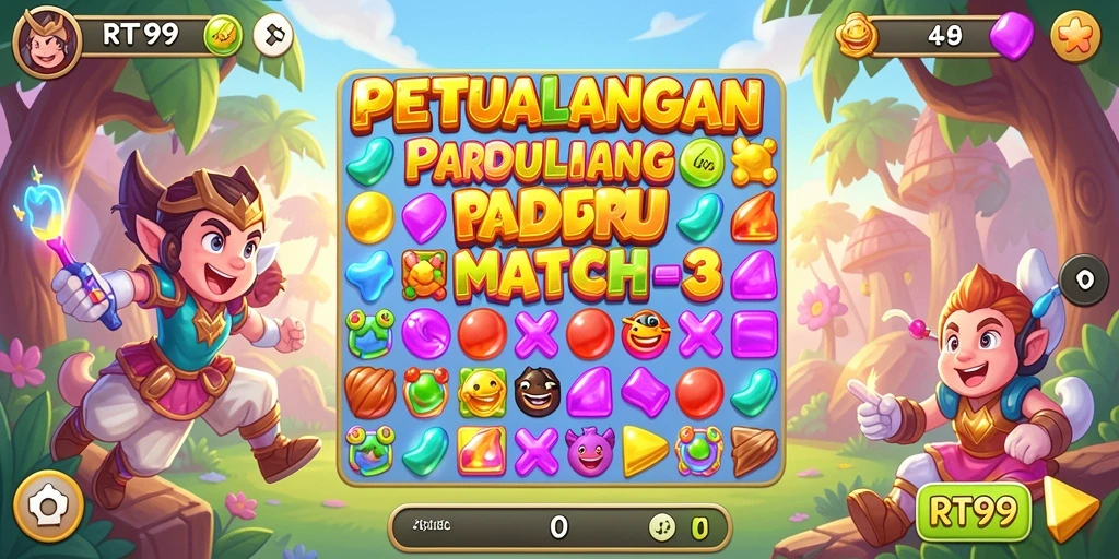 Tampilan gameplay RT99 yang penuh warna dan tantangan Match-3.