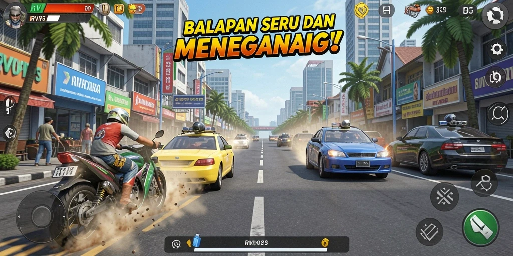 Screenshot gameplay RVIP3 menampilkan adrenalin balapan yang mendebarkan.